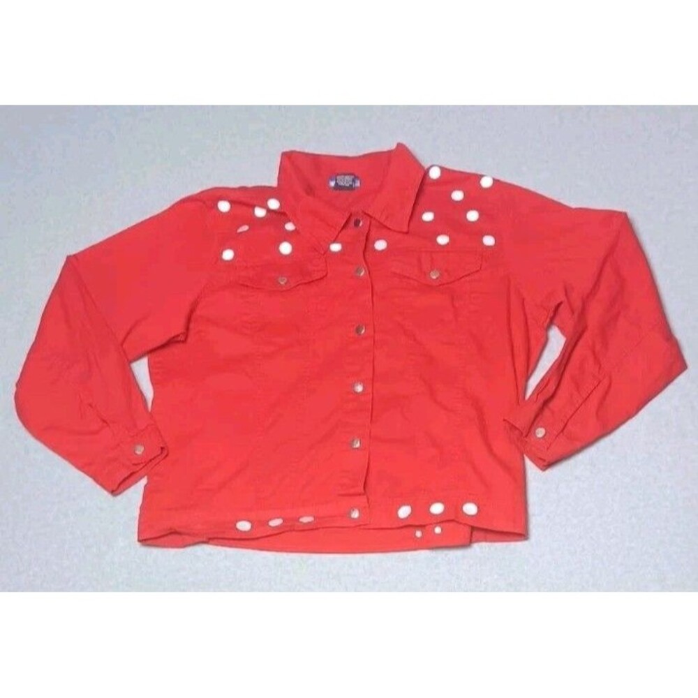 VTG Las Olas Red Polka Dot Denim Jacket Womens 1X Red Embellished Retro 90s